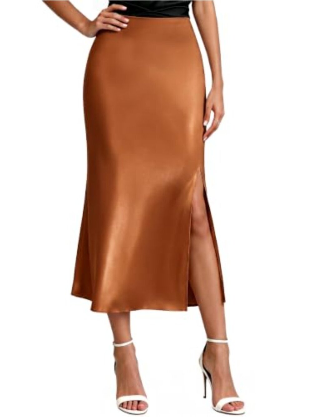 High Waisted Satin Midi Skirt with Side Slit and Lining